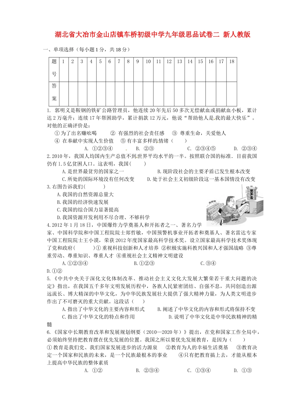 九年级思品试卷二 新人教版试卷_第1页