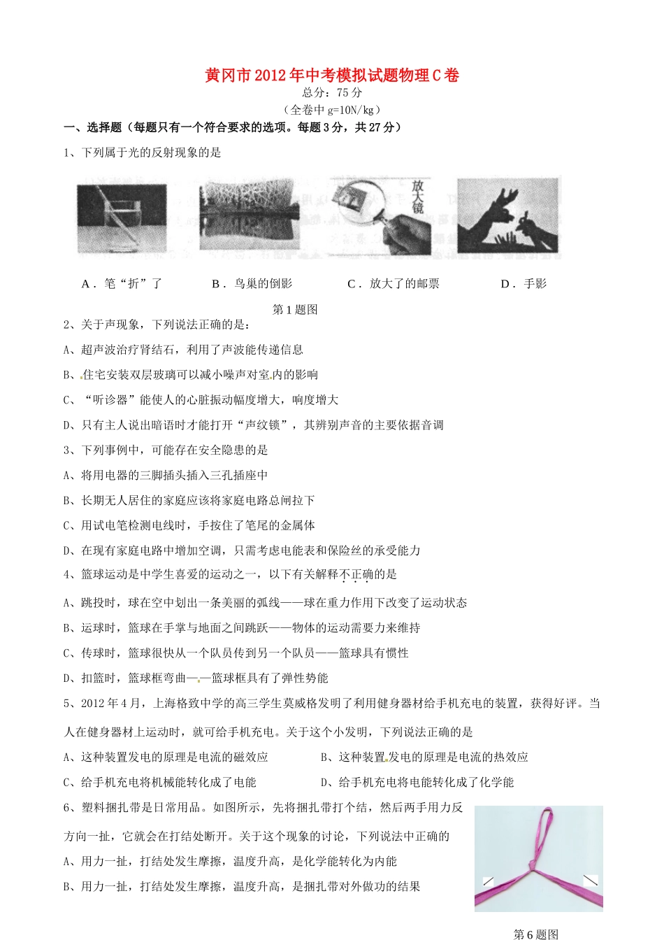 中考物理模拟试卷(C卷)试卷_第1页