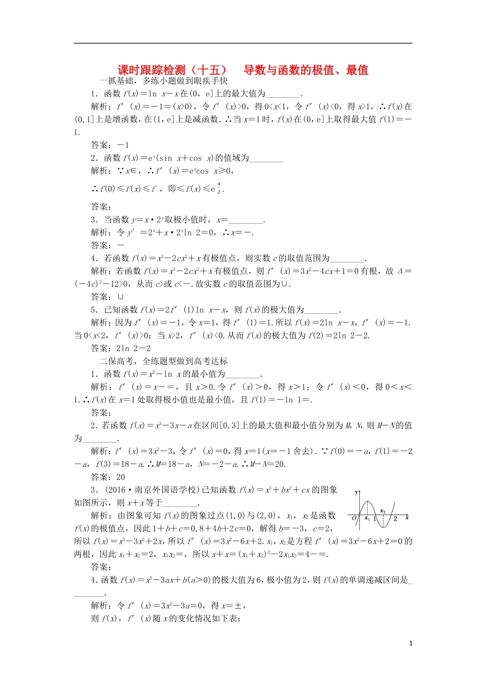（江苏专用）高三数学一轮总复习 第三章 导数及其应用 第二节 导数的应用 第二课时 导数与函数的极值、最值课时跟踪检测 文-人教版高三全册数学试题_第1页