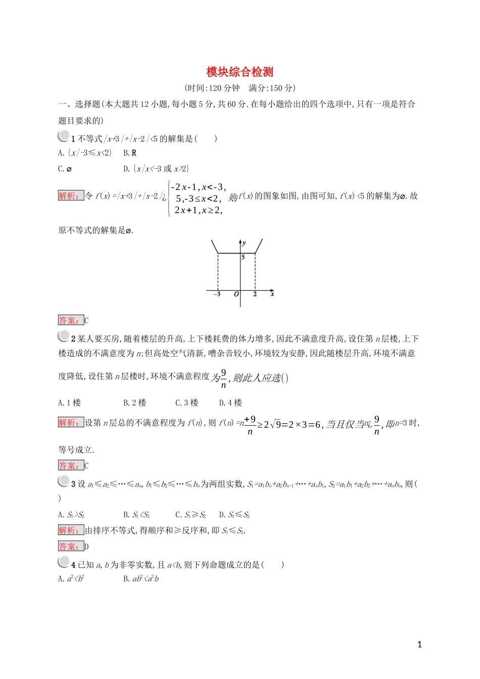 高中数学 模块综合检测(含解析)新人教A版选修4-5-新人教A版高二选修4-5数学试题_第1页
