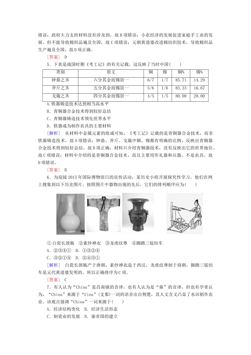 高中历史 课时跟踪训练4 农耕时代的手工业 岳麓版必修2-岳麓版高一必修2历史试题_第2页