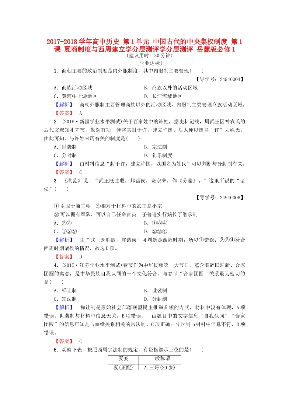高中历史 第1单元 中国古代的中央集权制度 第1课 夏商制度与西周建立学分层测评学分层测评 岳麓版必修1-岳麓版高一必修1历史试题_第1页