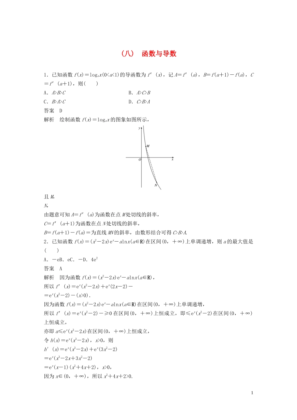 （浙江专用）高考数学三轮冲刺 抢分练 疑难专用练（八）函数与导数-人教版高三全册数学试题_第1页