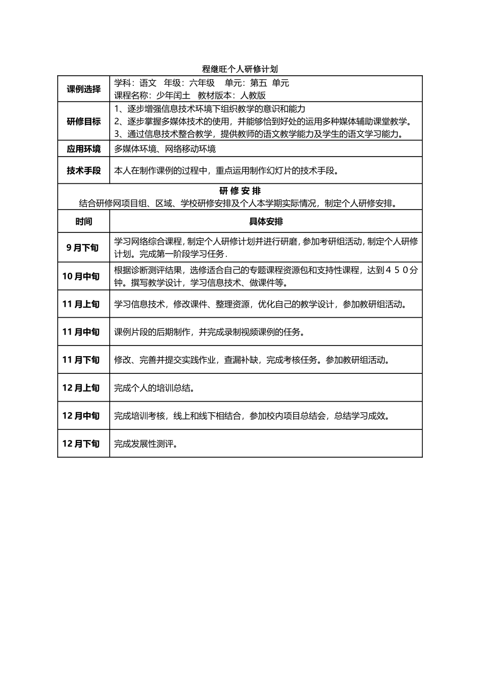 熟溪小学程继旺个人研修计划_第1页