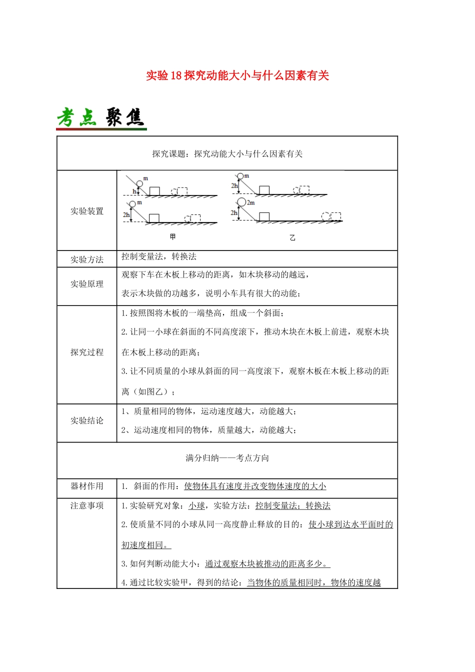 中考物理必考实验精解精练专题 实验18 探究动能大小与什么因素有关试卷_第1页