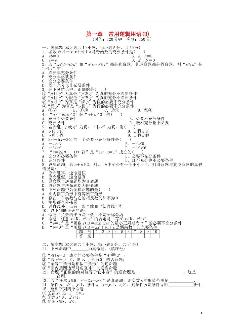 高中数学 第一章 常用逻辑用语章末检测（B）北师大版选修2-1-北师大版高二选修2-1数学试题_第1页