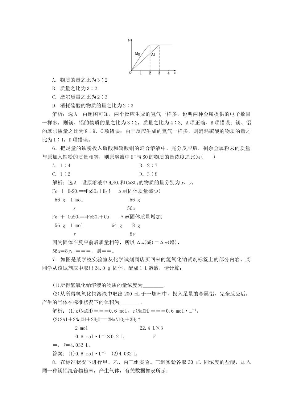 高中化学 课时跟踪检测（二十）物质的量在化学方程式计算中的应用（含解析）新人教版必修第一册-新人教版高一第一册化学试题_第2页