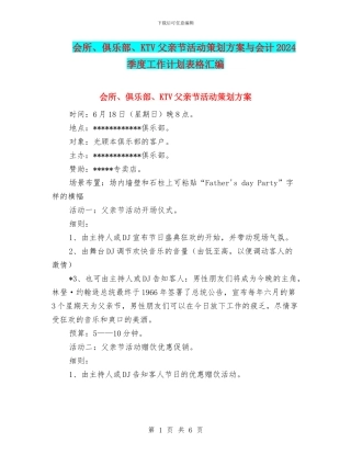 会所、俱乐部、KTV父亲节活动策划方案与会计2024季度工作计划表格汇编
