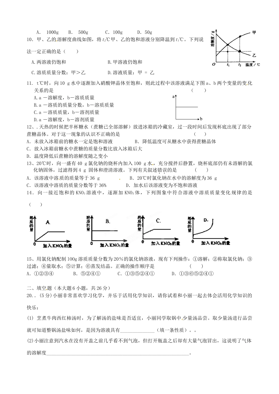 九年级化学下册(第九单元 溶液)检测题 人教新课标版试卷_第2页