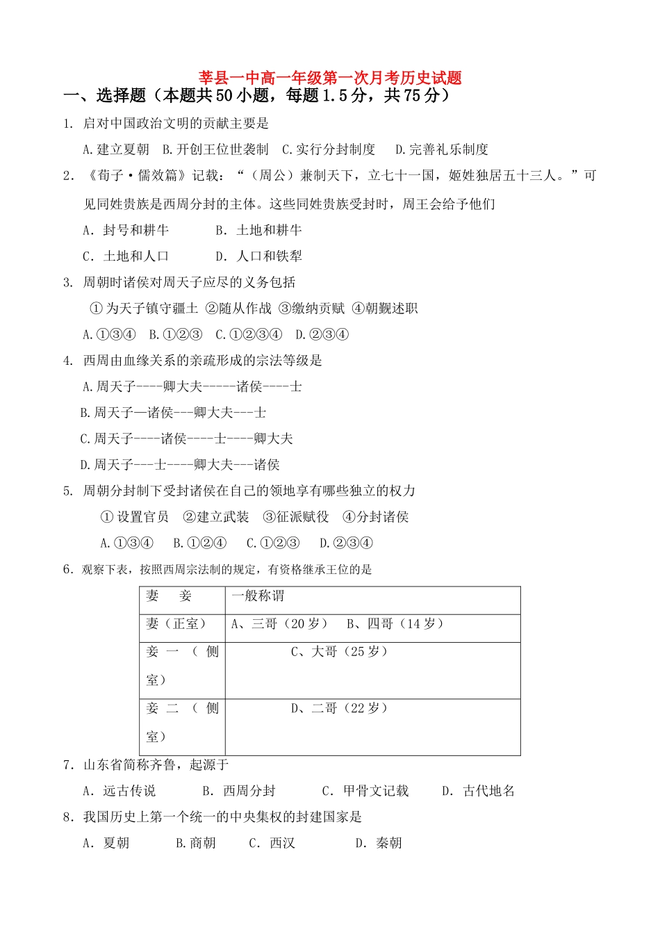 山东省莘县一中高一历史第一次月考必修一_第1页