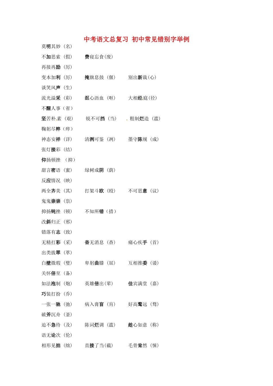 初中常见错别字举例 新人教版 试题_第1页