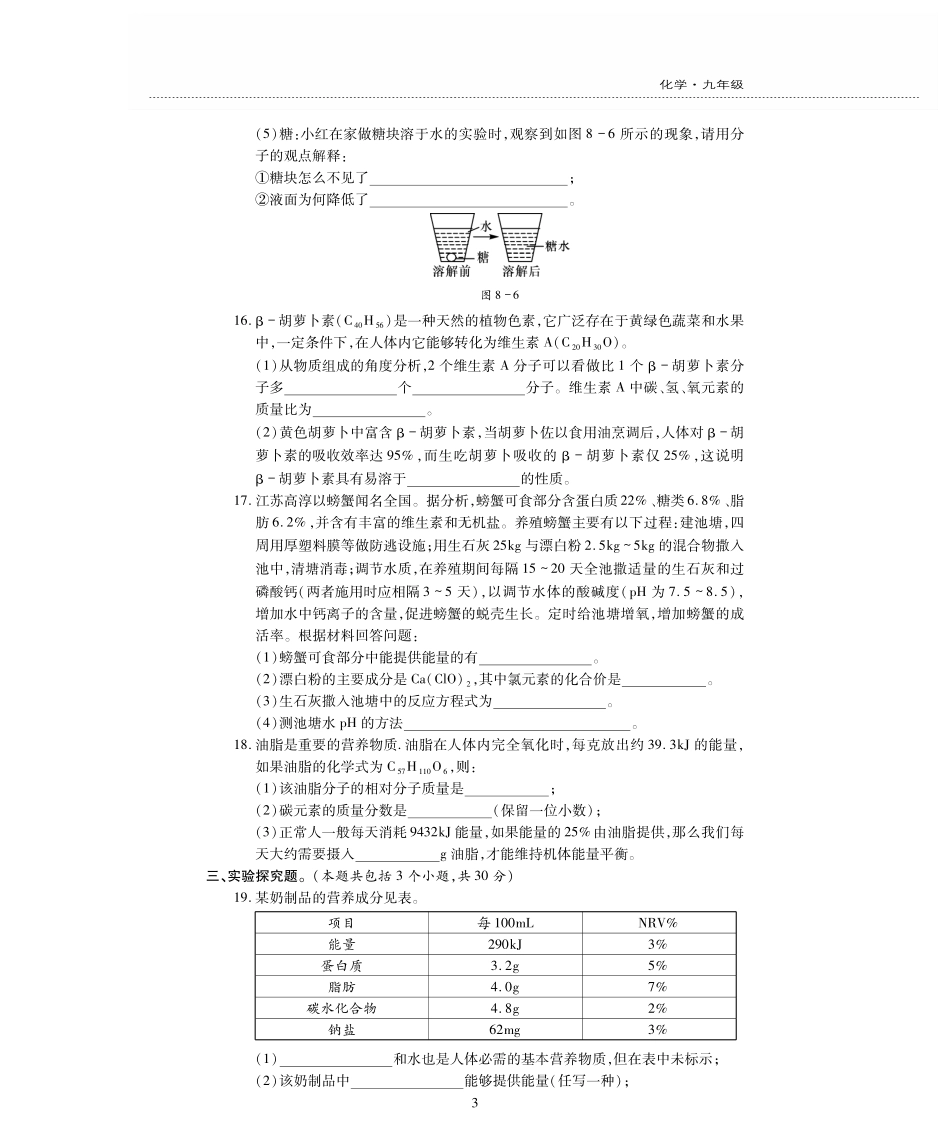 九年级化学下册 第8单元(食品中的有机化合物)测试卷(pdf，无答案)(新版)沪教版试卷_第3页