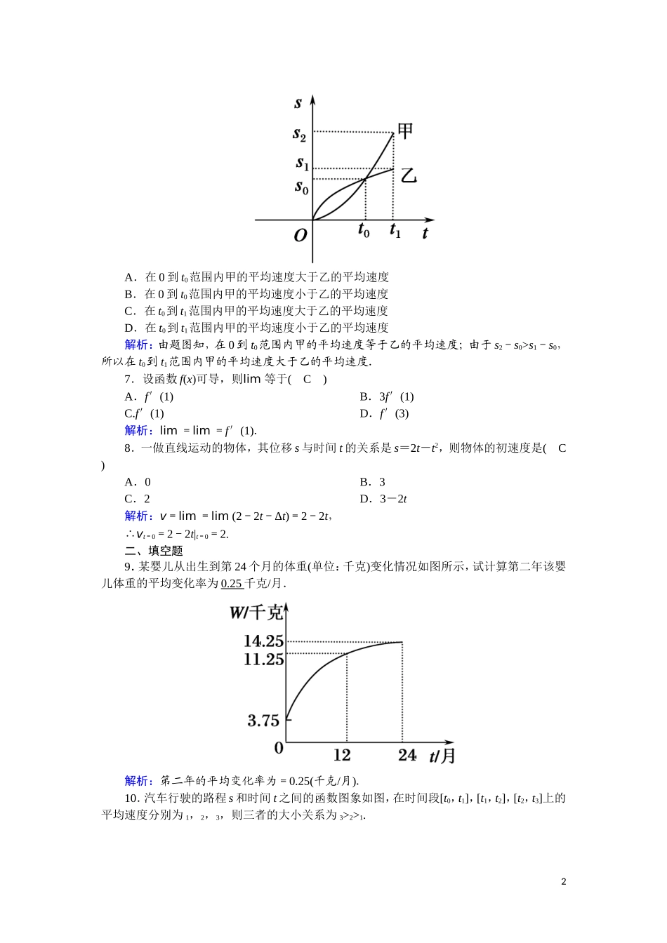 高中数学 第一章 导数及其应用 课时作业1 1.1.1 变化率问题 1.1.2 导数的概念（含解析）新人教A版选修2-2-新人教A版高二选修2-2数学试题_第2页