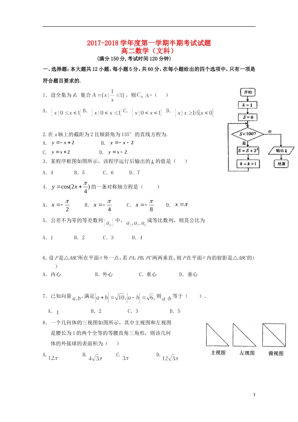贵州省遵义市高二数学上学期期中试题 文-人教版高二全册数学试题_第1页