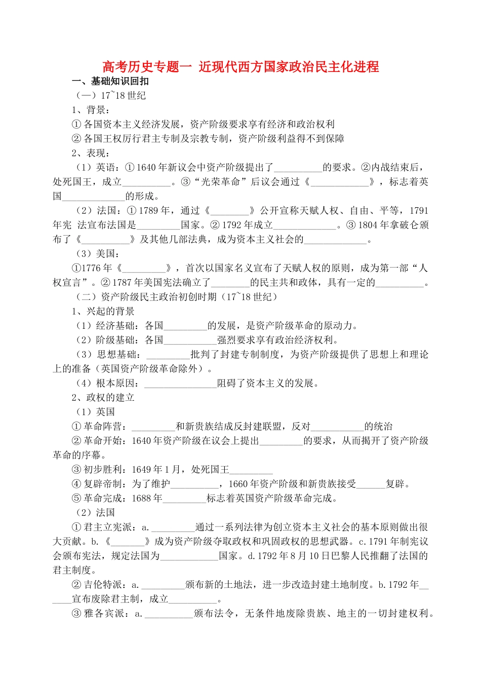 高考历史专题一 近现代西方国家政治民主化进程_第1页