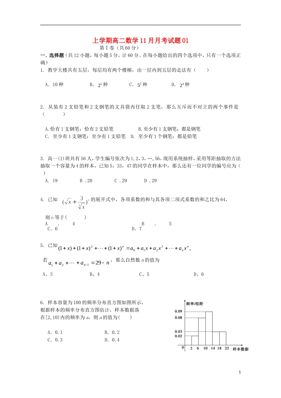 高中高二数学11月月考试题01-人教版高二全册数学试题_第1页