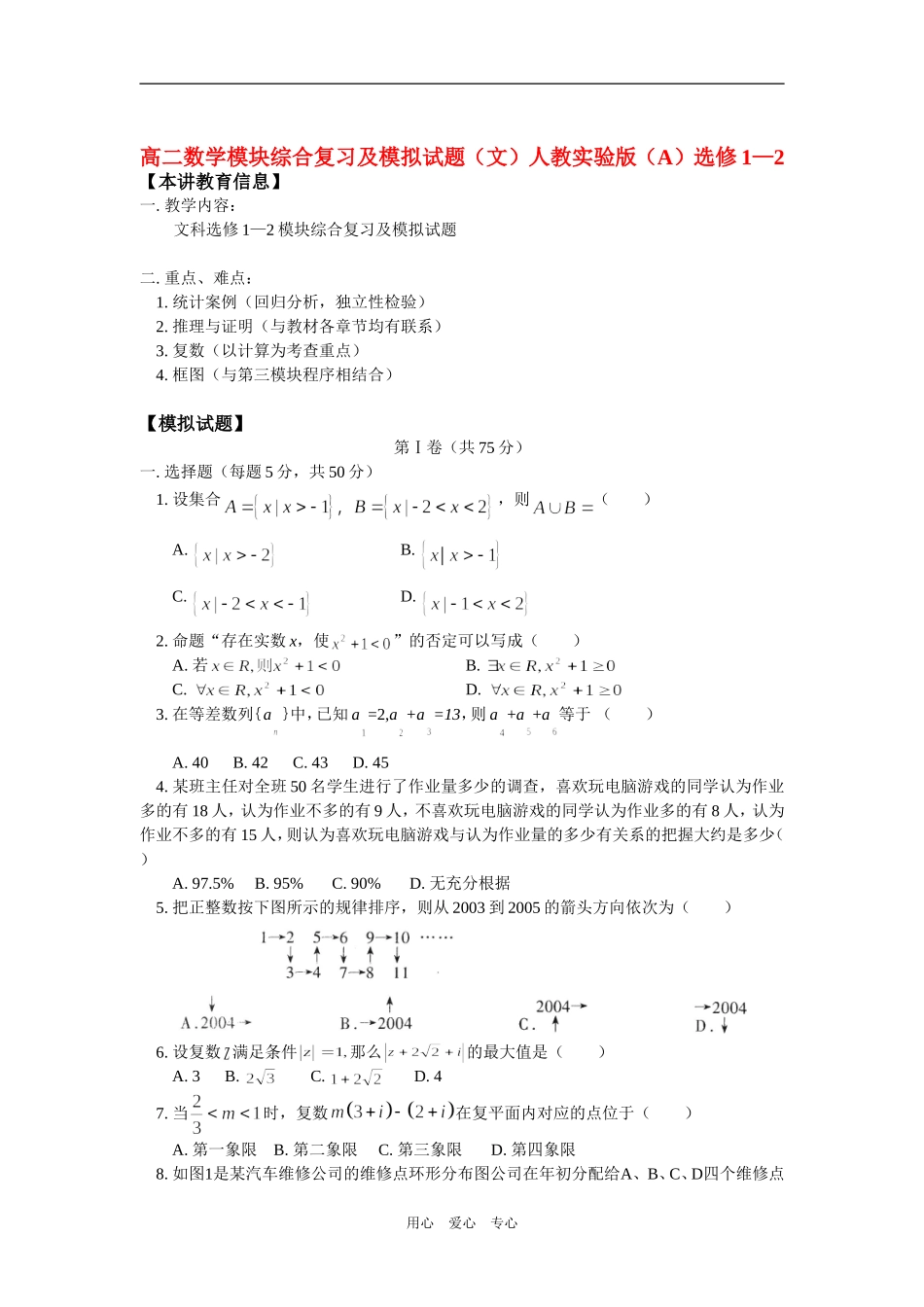 高二数学模块综合复习及模拟试题（文）人教实验版（A）选修1—2_第1页