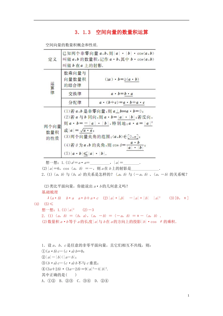 高中数学 3.1.3空间向量的数量积运算练习 新人教A版选修2-1-新人教A版高二选修2-1数学试题_第1页