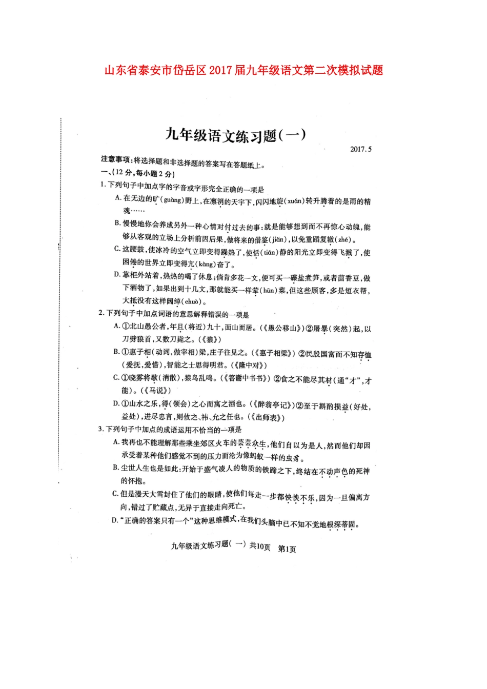 山东省泰安市岱岳区九年级语文第二次模拟试卷试卷_第1页