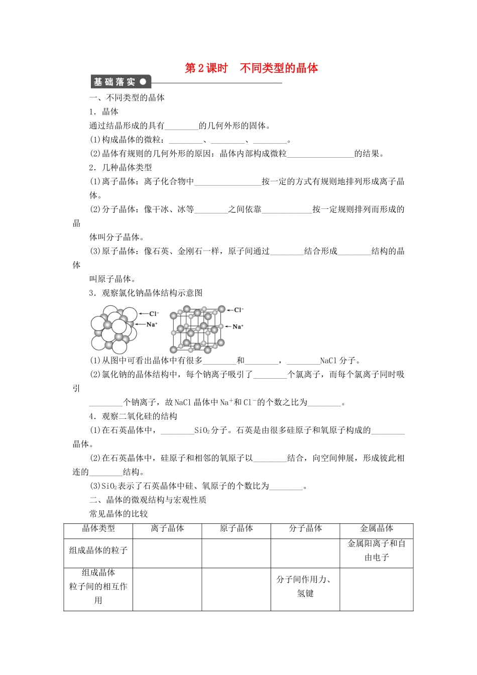 高中化学 专题1 微观结构与物质的多样性 3.2 不同类型的晶体课时作业 苏教版必修2-苏教版高一必修2化学试题_第1页