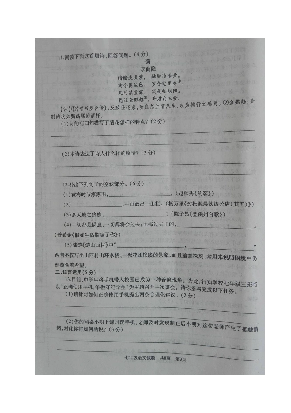 山东省曲阜市七年级语文下学期期末试卷新人教版试卷_第3页
