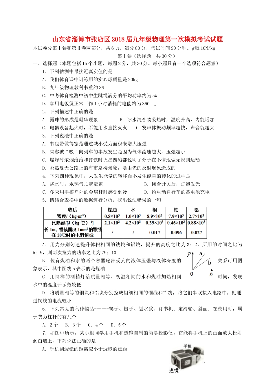 山东省淄博市张店区九年级物理第一次模拟考试试卷_第1页