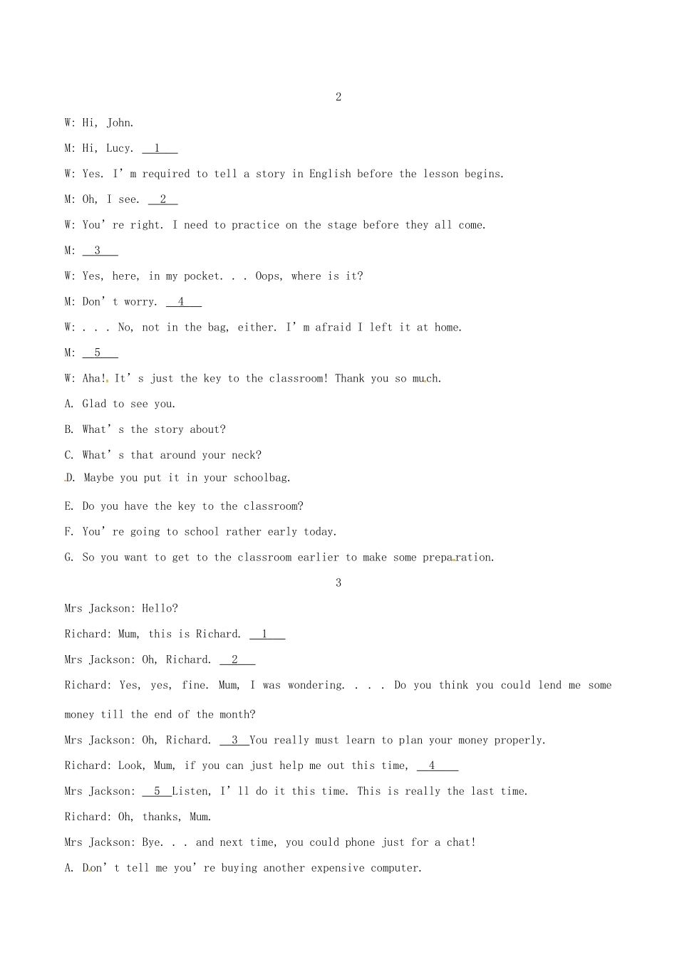 高三英语一轮复习收尾二轮专题突破检测 查漏补缺效果考核补全对话(均为高考题及模拟题)试卷_第2页