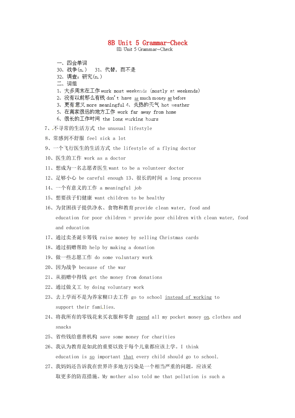 中考英语总复习 8B Unit 5 Grammar-Check试卷_第1页