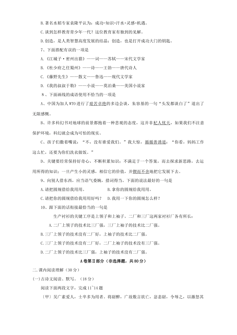 九年级中考语文模拟试卷 人教版试卷_第2页