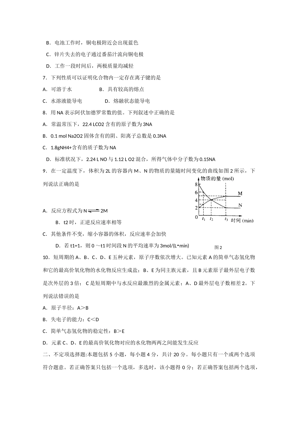 江苏省泰州市姜堰区高一化学下学期期中试题-人教版高一全册化学试题_第2页