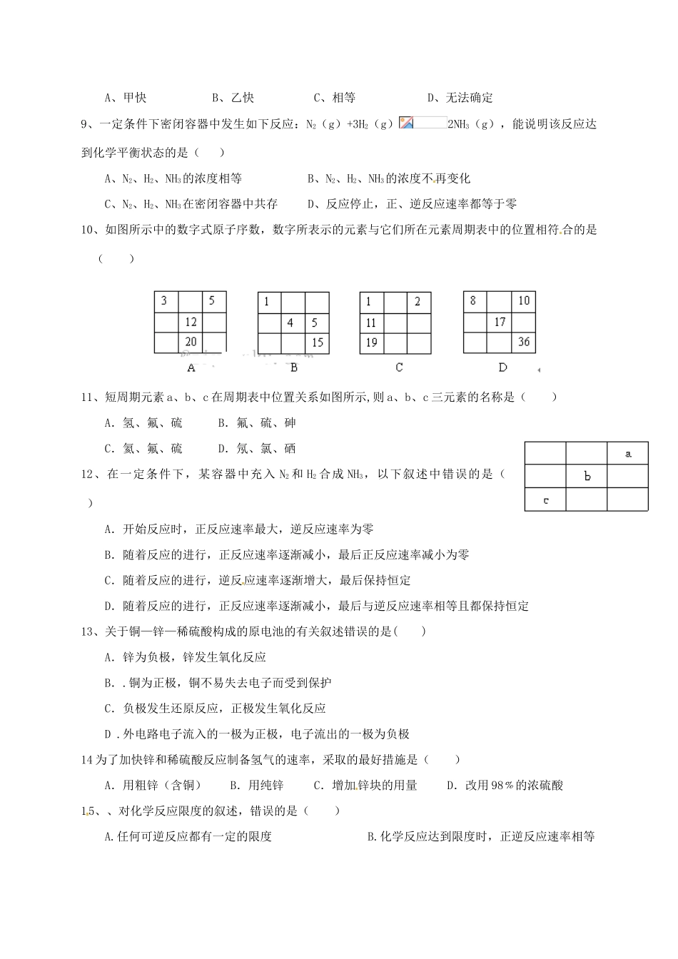 山西省汾阳市高一化学下学期期中试题 文-人教版高一全册化学试题_第2页