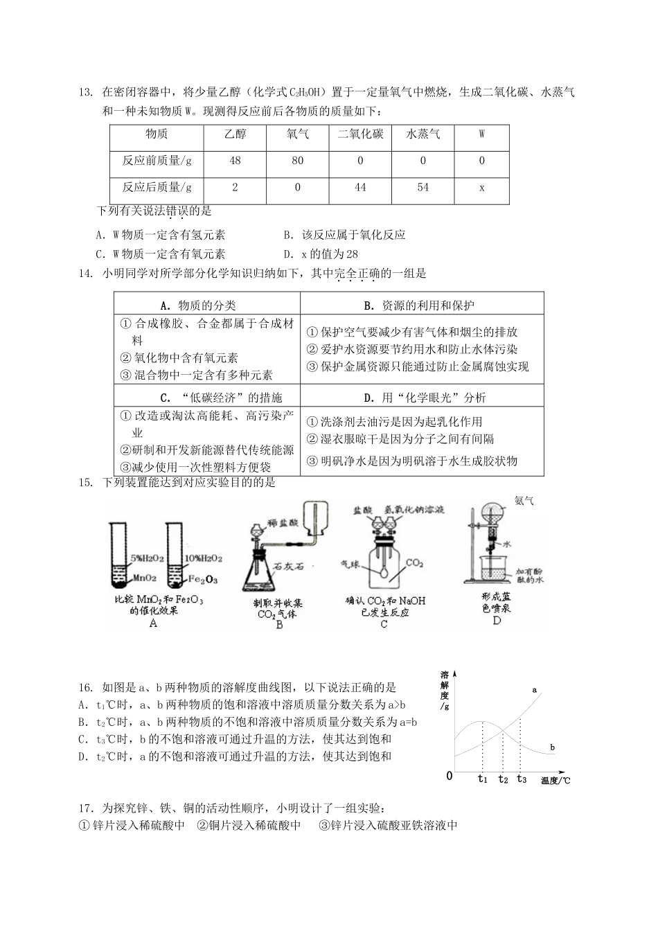 九年级化学教学质量检测试卷 人教新课标版试卷_第3页