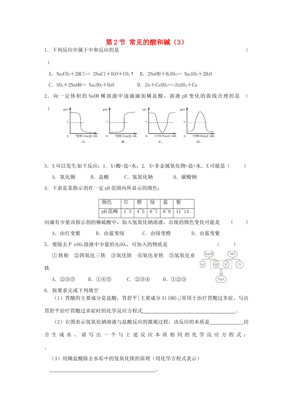 九年级化学全册 第七章 第2节 常见的酸和碱同步检测试卷(2) 沪教版试卷_第1页