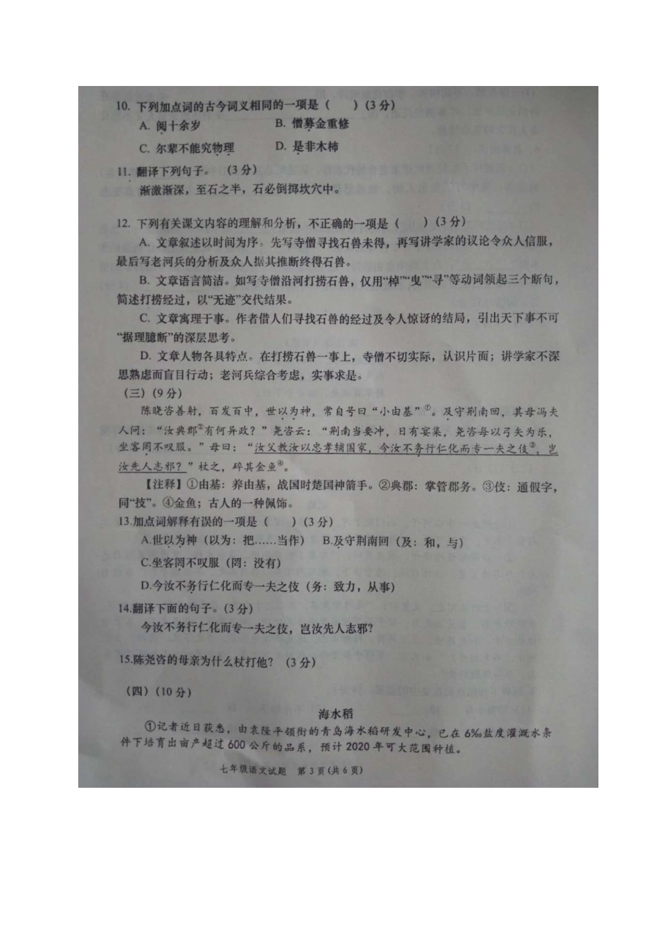 山东省德州市武城县七年级语文下学期期末质量检测试卷(扫描版，无答案) 新人教版试卷_第3页