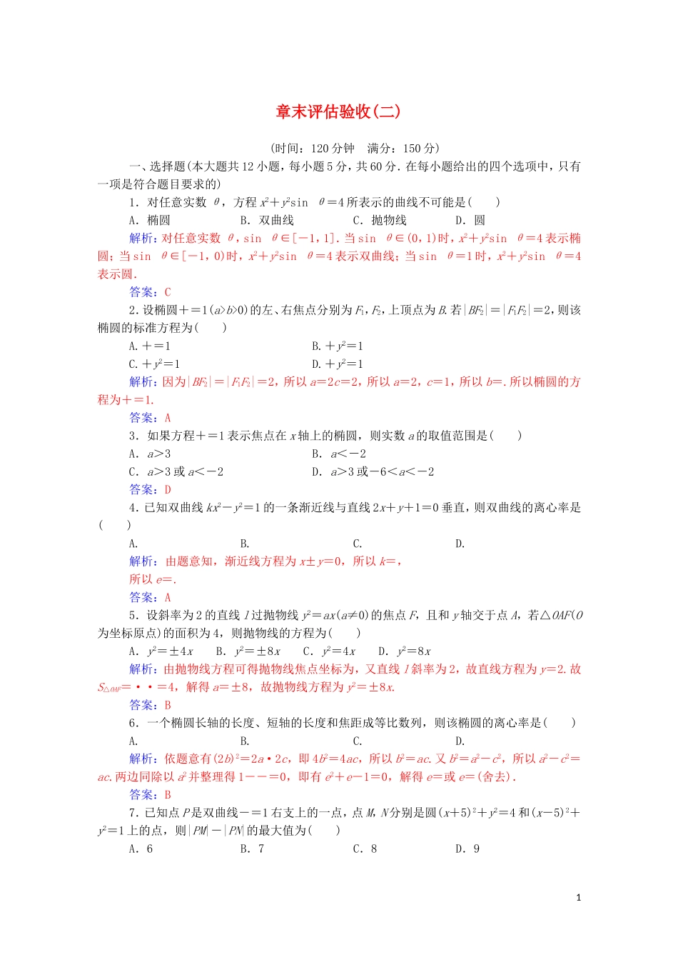 高中数学 第二章 圆锥曲线与方程章末评估验收达标练习（含解析）新人教A版选修2-1-新人教A版高二选修2-1数学试题_第1页