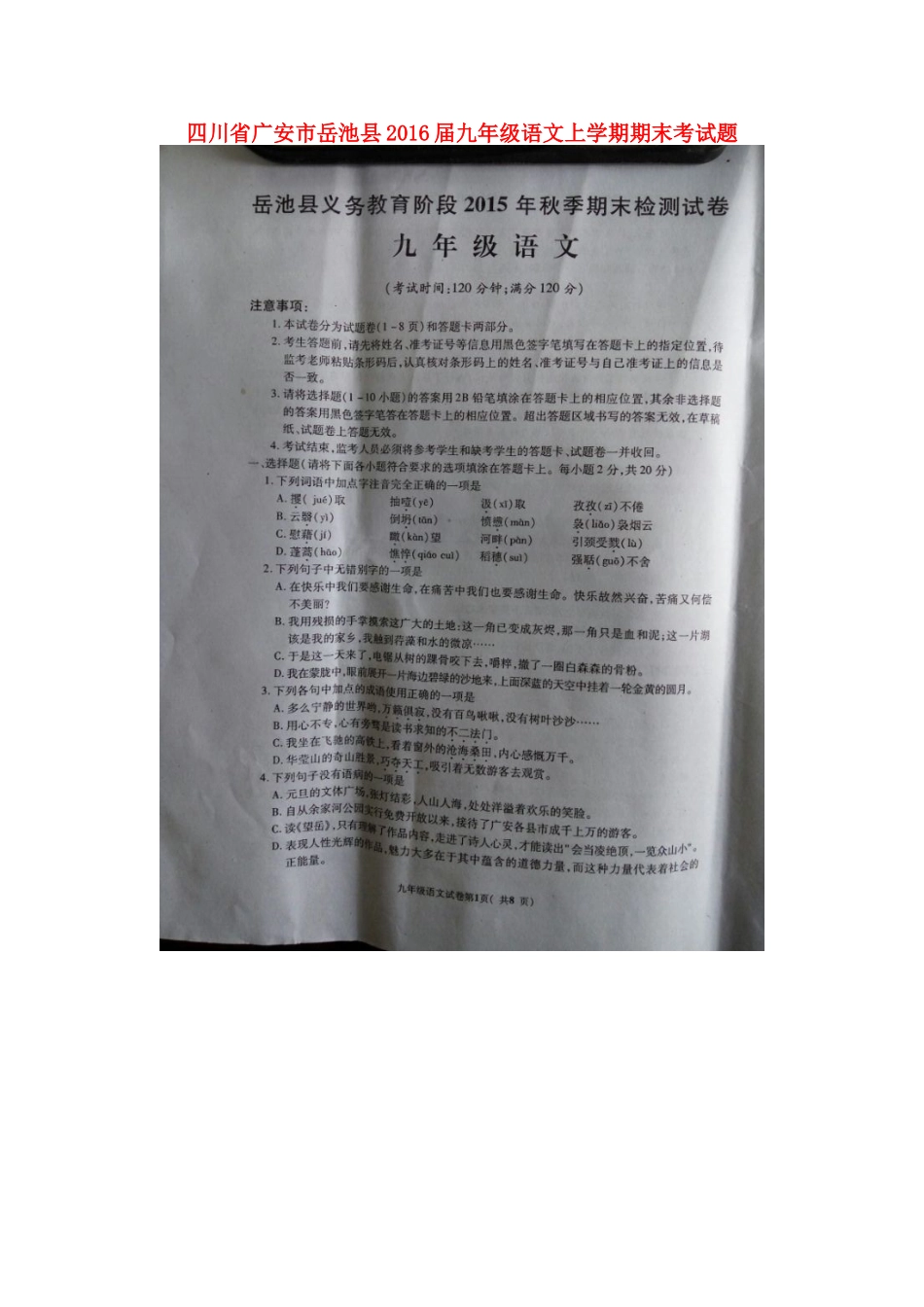 四川省广安市岳池县届九年级语文上学期期末考试卷 新人教版试卷_第1页