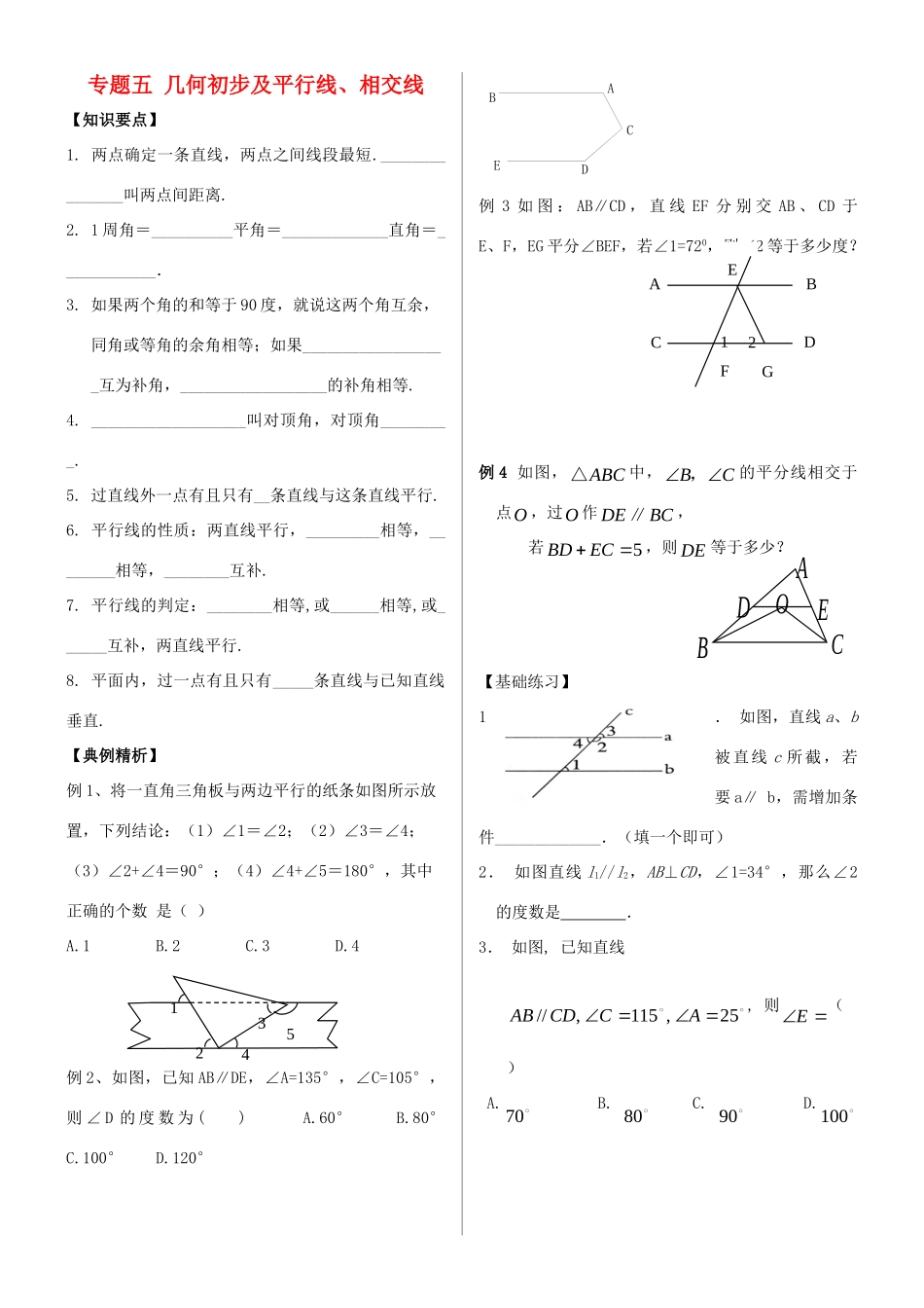 学中考数学 专题复习五 几何初步及平行线试卷_第1页