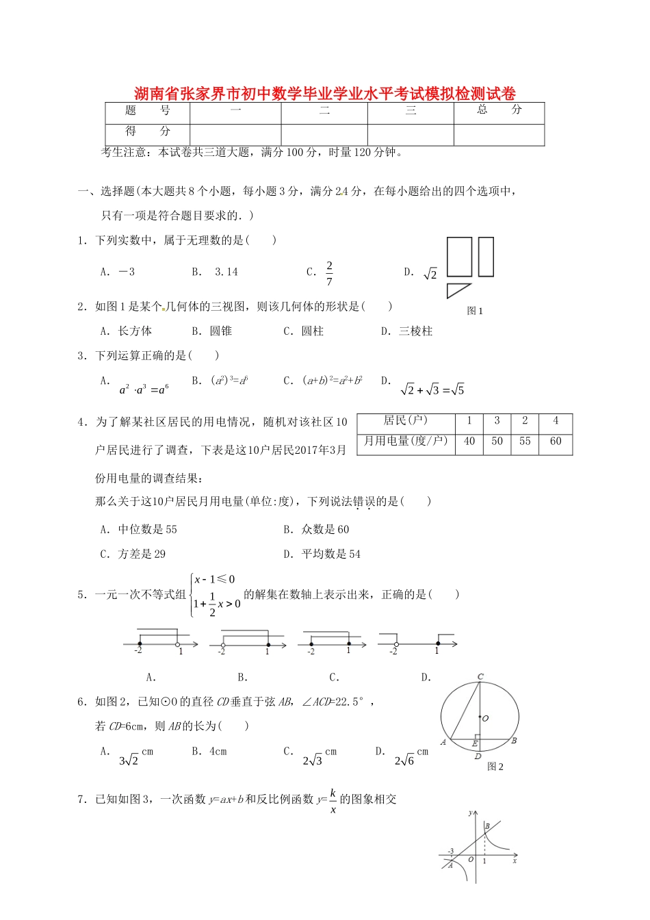 初中数学毕业学业水平考试模拟检测试卷(1) 试题_第1页