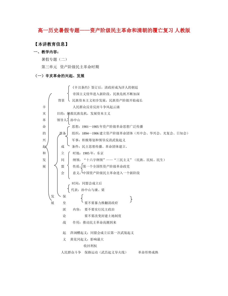 高一历史暑假专题——资产阶级民主革命和清朝的覆亡复习 人教版_第1页