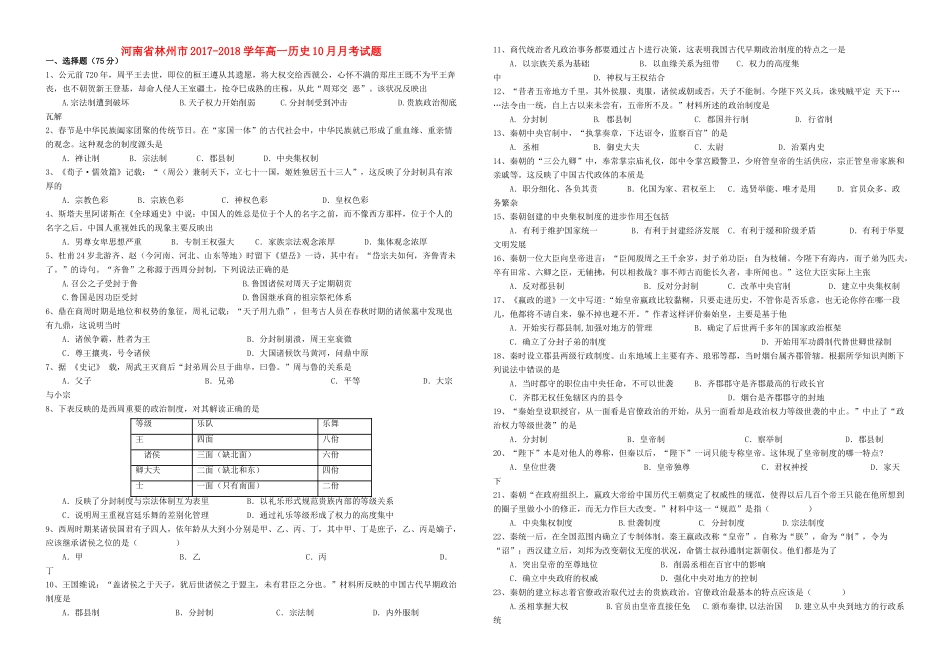 河南省林州市高一历史10月月考试题-人教版高一全册历史试题_第1页