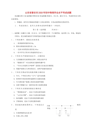 山东省泰安市2020年初中物理学业水平考试试卷