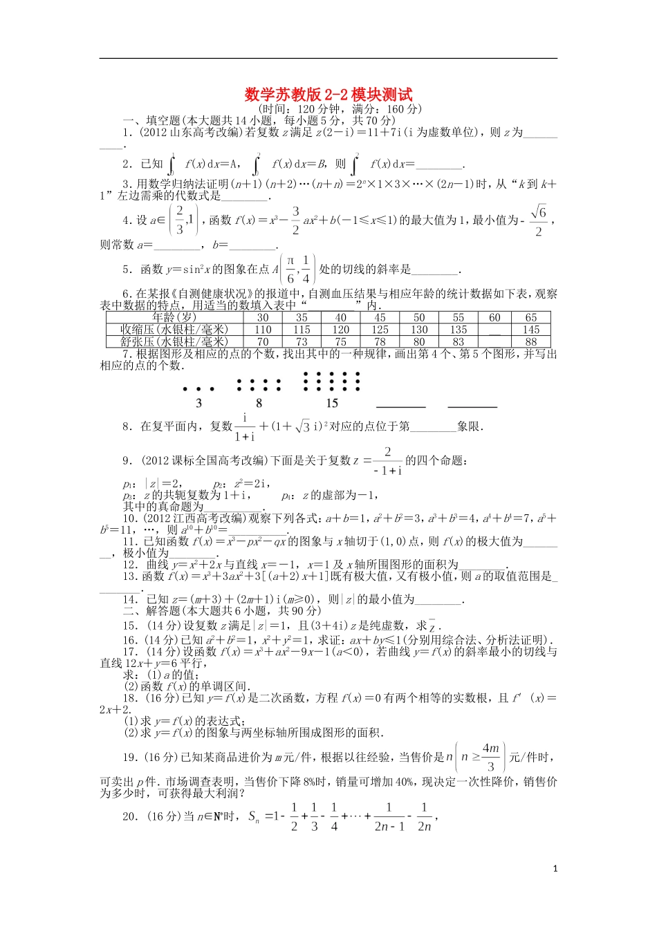 高中数学 模块测试 苏教版选修2-2-苏教版高二选修2-2数学试题_第1页