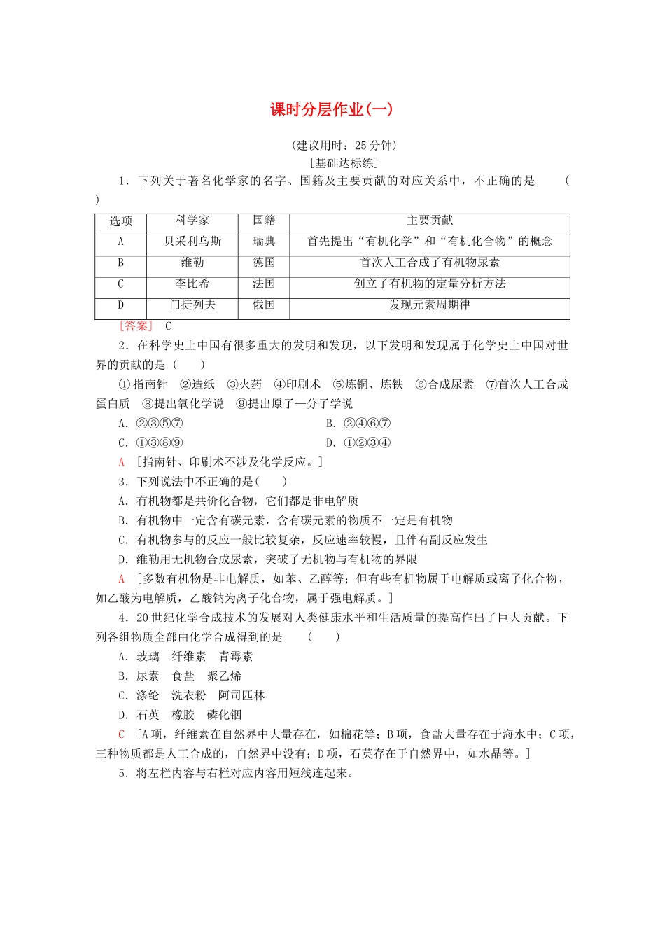 高中化学 课时分层作业1 有机化学的发展与应用（含解析）苏教版选修5-苏教版高二选修5化学试题_第1页
