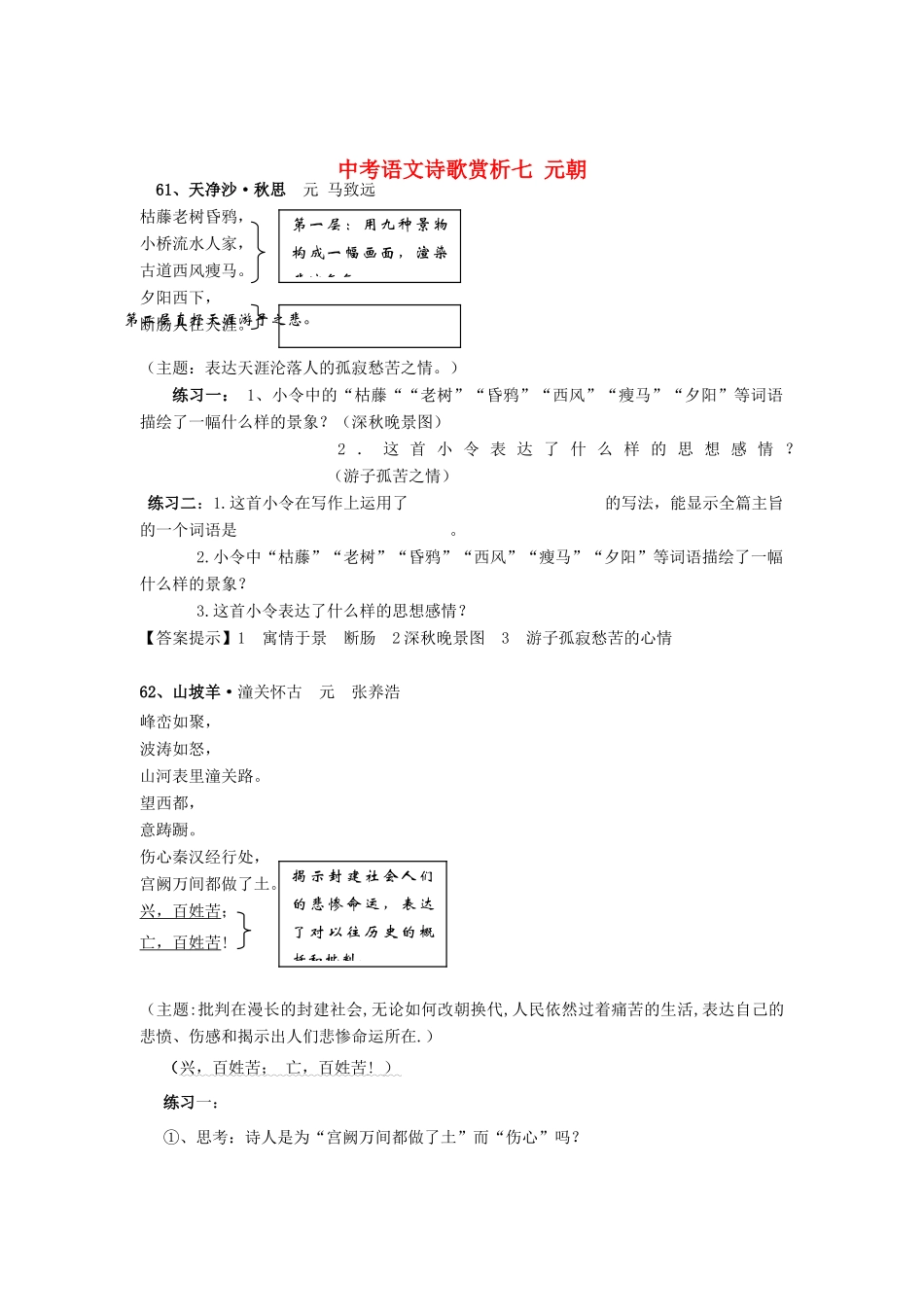 中考语文诗歌赏析七 元朝试卷_第1页