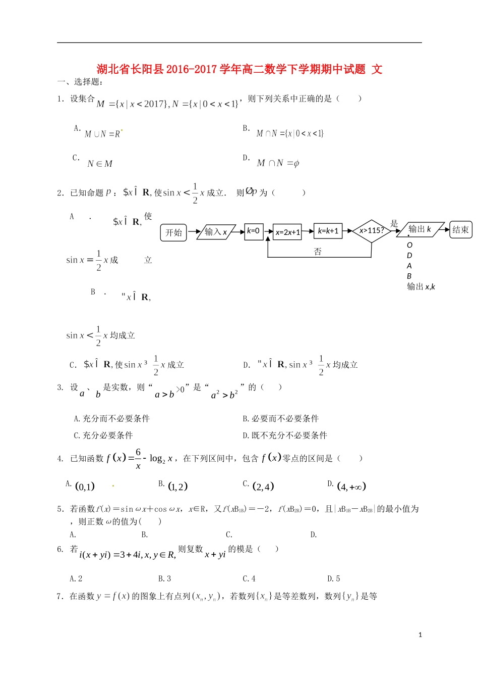 湖北省长阳县高二数学下学期期中试题 文-人教版高二全册数学试题_第1页