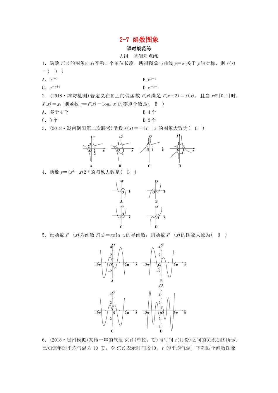 （新课标）高考数学一轮总复习 第二章 函数、导数及其应用 2-7 函数图象课时规范练 文（含解析）新人教A版-新人教A版高三全册数学试题_第1页