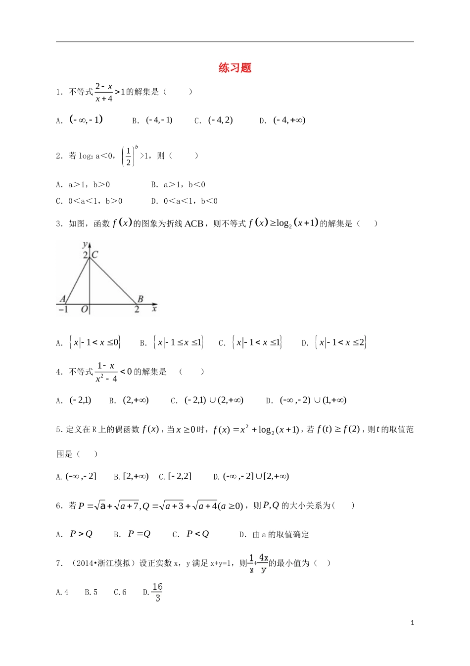 高中数学 全一册练习题 新人教A版选修4-5-新人教A版高二选修4-5数学试题_第1页