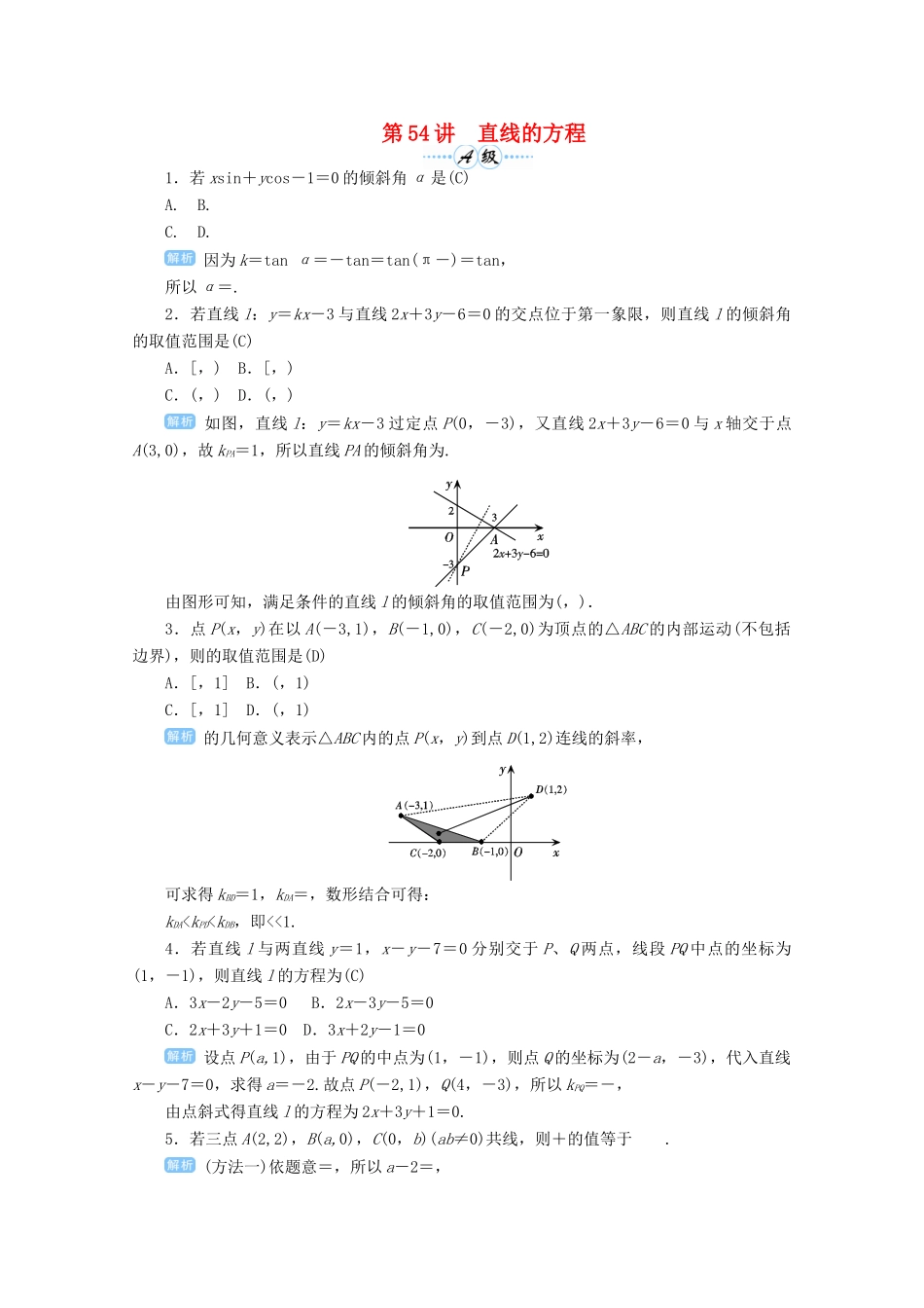 高考数学总复习 第九单元 解析几何 第54讲 直线的方程检测-人教版高三全册数学试题_第1页