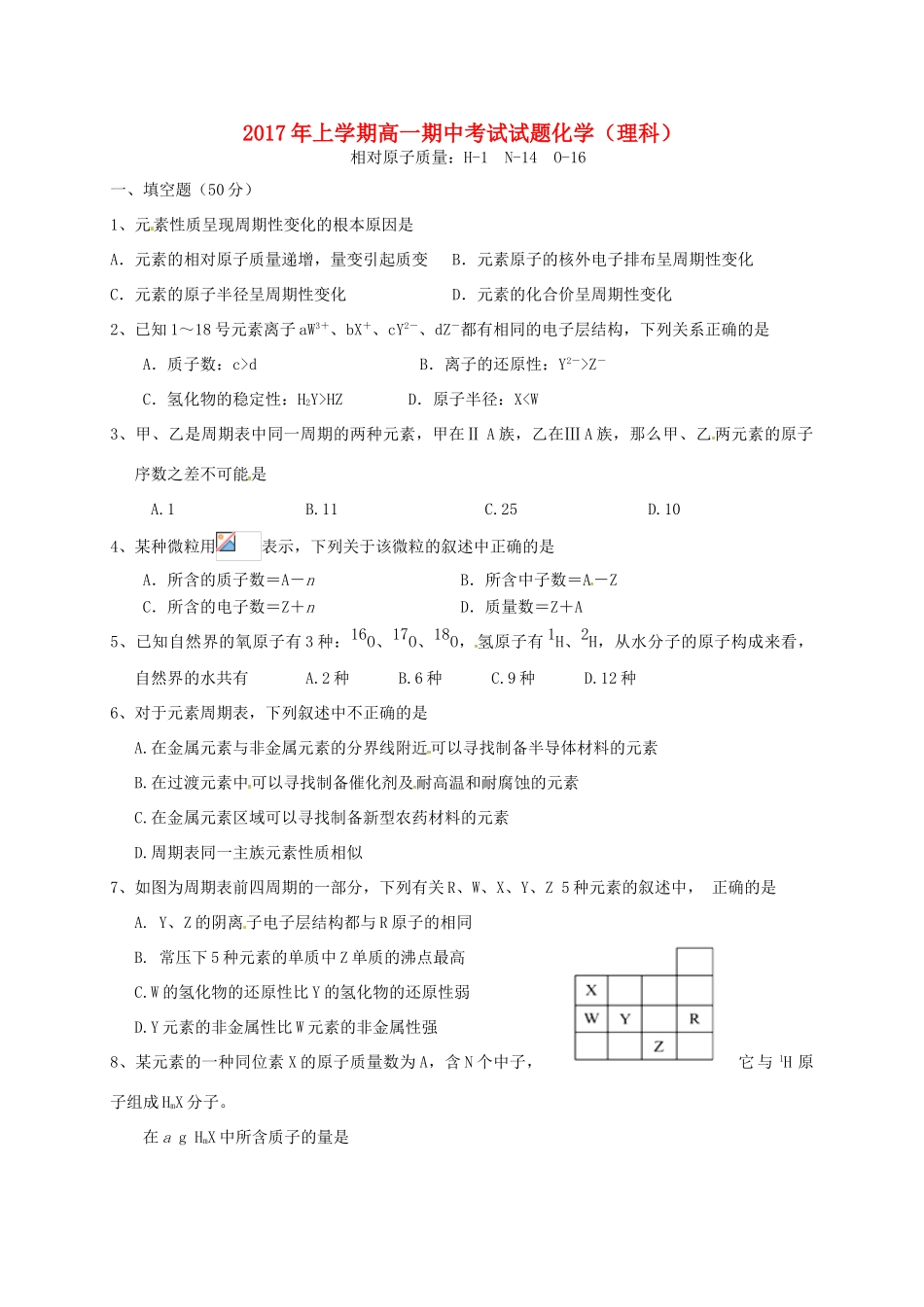 湖南省双峰县高一化学下学期期中试题 理-人教版高一全册化学试题_第1页