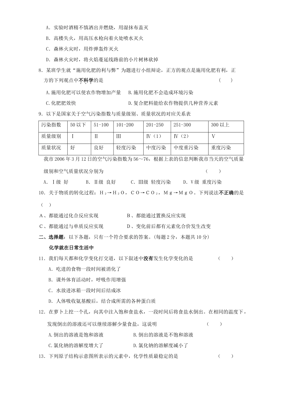 九年级化学调研测试卷一 新课标试卷_第2页